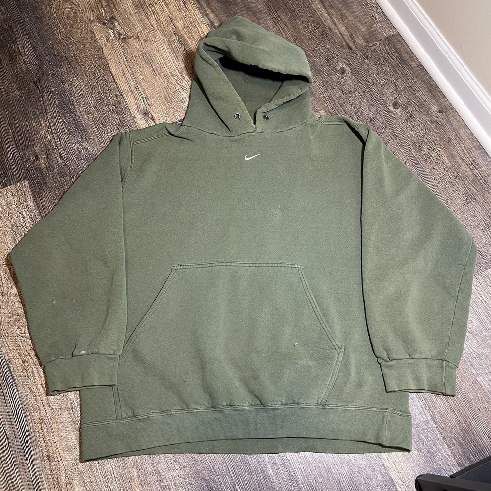 Vintage 90s Nike Forest Green white Center Swoosh Hoodie L- Made In USA